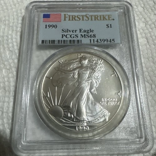 1990 1 oz Silver American Eagle PCGS Rare Date First Strike Ms68 USA Flag Hot!