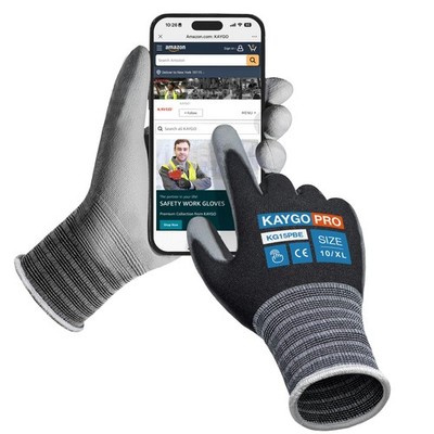 KAYGO Work Gloves PU Coated 12 Pairs XL Black Touchscreen Safety Gloves Nylon Li