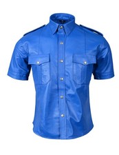 Blue 100 Real Sheep/Cowhide Leather Police Uniform Short Sleeve Shirt Gay BLUF