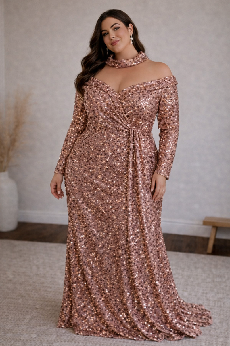 rose gold sequin dress plus size New Rose Gold Sequin Formal Gown Long Sleeve Evening Maxi Dress Plus Sizes