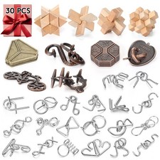 30 Pcs Brain Teaser Puzzles Wooden and Metal Cast 3D Unlock Interlocking Puzz...