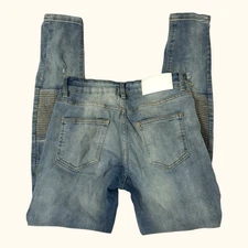 Boohoo Man Skinny Moto Jeans Biker  Ribbed Distressed Button Fly Size 28 Flaw