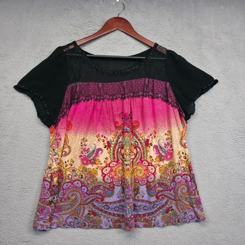Bila Top Womens 2XL Black Pink Floral Paisley Colorful Relaxed Flowy Festival - Picture 3 of 16