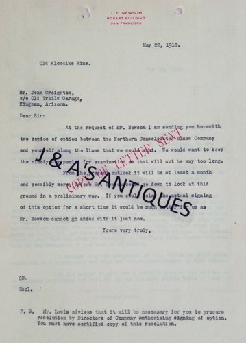 1918 Old Klondike Mines (Northern Consolidated Mines Co.) Documents ~ Arizona - Picture 8 of 12