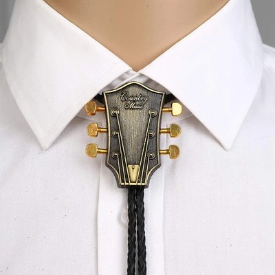 New Vintage Bolo Tie Western Cowboy Guitar Men Alloy Necklace PU Rope Party Gift