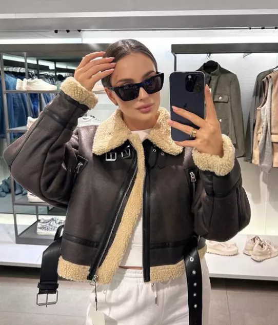 ZARA BNWT 2023. DARK BROWN SHEARLING BIKER JACKET SHORT DOUBLE FACED. 8073 235