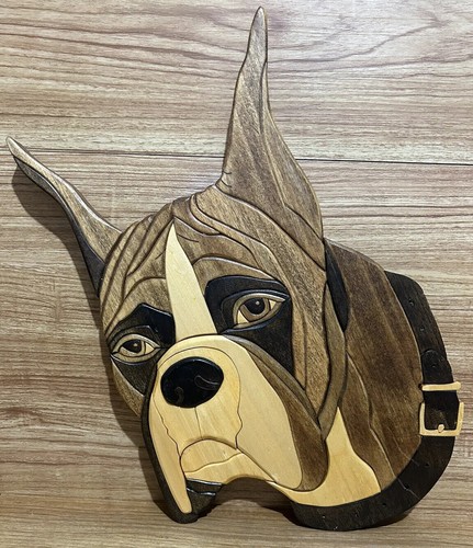 Boxer Dog Intarsia Wood Head Carving Dimensional Wall Art Mosaic 17” NICE