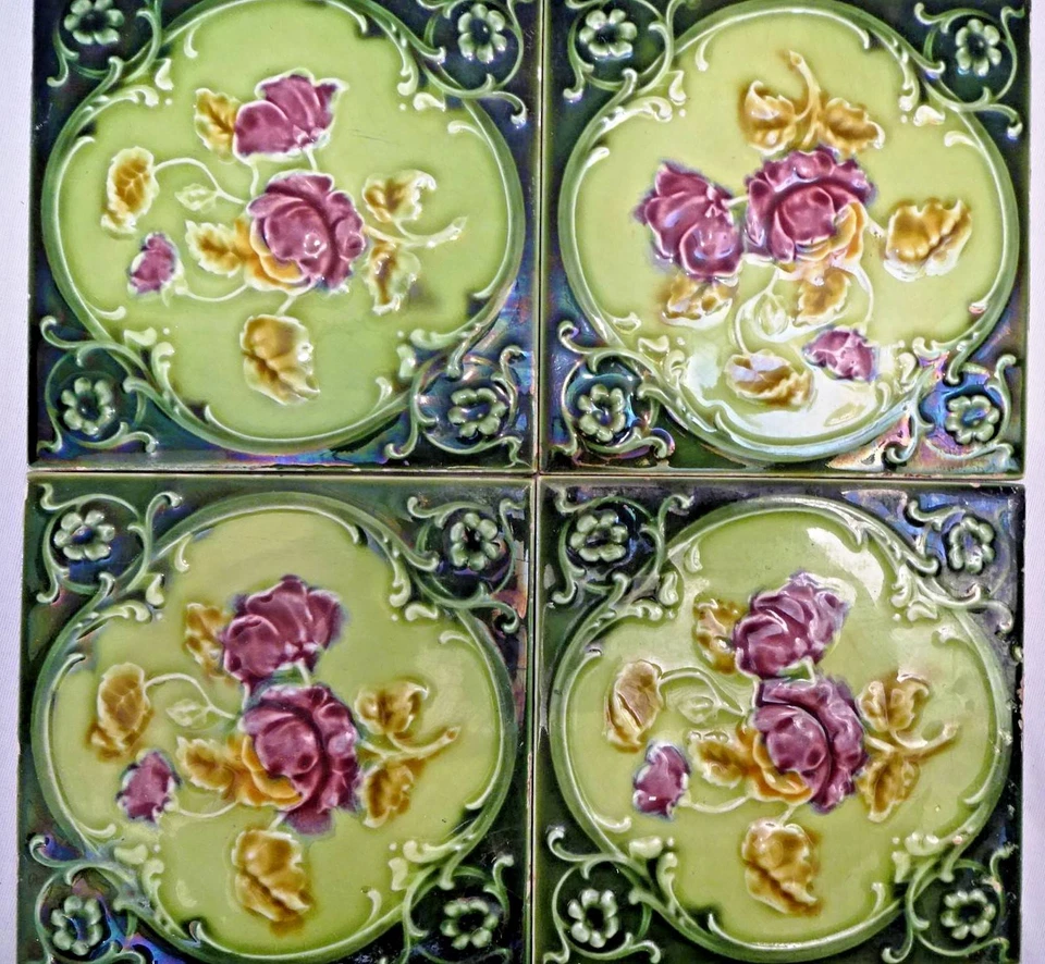 Antiguo Azulejo Mayólica Inglaterra Art Nouveau Porcelana Rosa Púrpura Juego de 4 Piezas #13 Foto 2 de 4