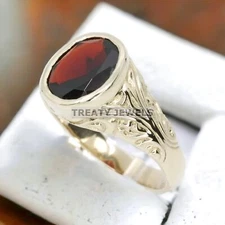 Garnet Oval Cut With 925 Sterling Silver Gold Plated Ring For Men's #703 *