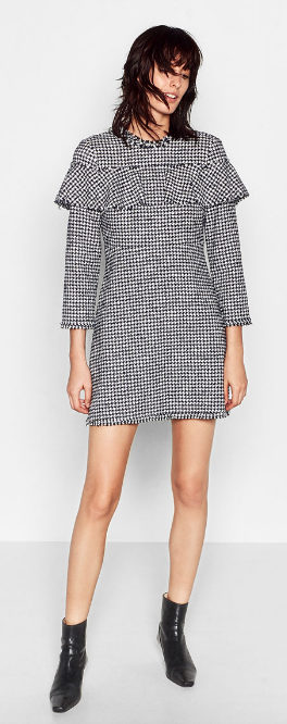 $70 Zara frilled tweed houndstooth long sleeve dress-Ecru- sz M-NWT