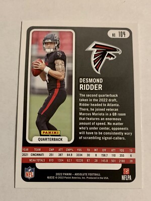 Desmond Ridder 2022 Panini Absolute Rookie RC Card Atlanta Falcons