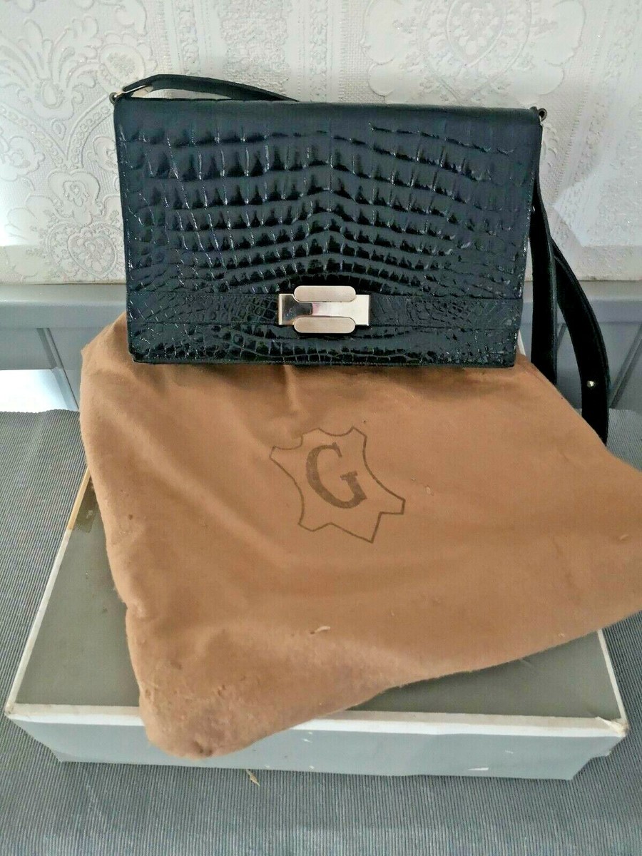 Sac à Main Noir En Crocodile Véritable - Made In Italy, Occasion Très Bon état, Taille Moyenne