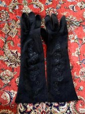 Authentic GUCCI Long Gloves Black Suede Embroidered Made in Italy Women's