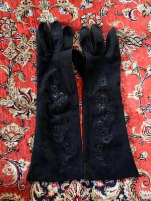 Authentische GUCCI lange Handschuhe schwarz Wildleder bestickt Made in Italy ...