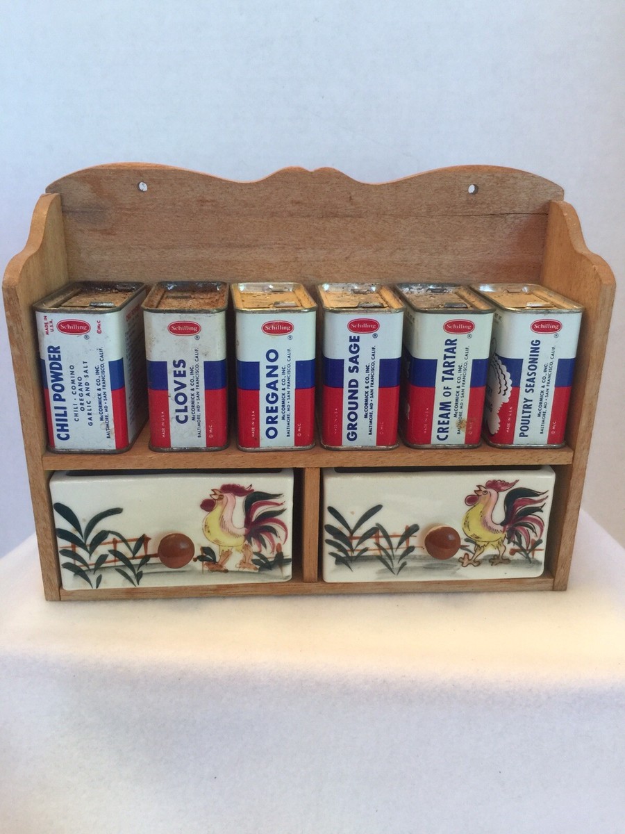 1950s Fred Roberts Rooster Spice Rack 6 Vintage Spice Tins Made in
