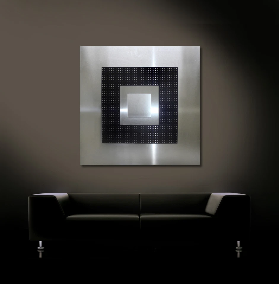 Originale Astratto Metallo Immagine Design Moderno Su Divano Nero Grigio Argento - Immagine 3 di 3