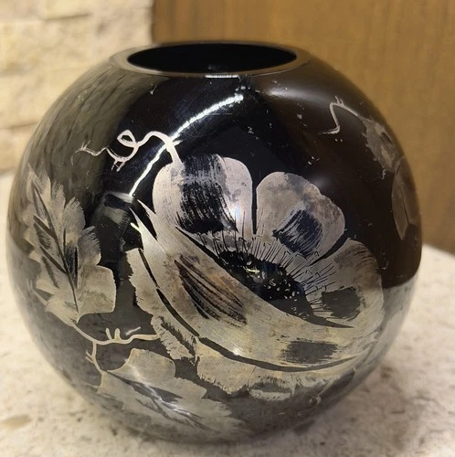 Fenton Hand Painted Silver Ebony Black Amethyst Glass Artist Signed Vases