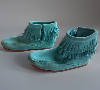 Minnetonka Toddler Kids Double Fringe Side Zip Suede Boots Turquoise EUC Size 12