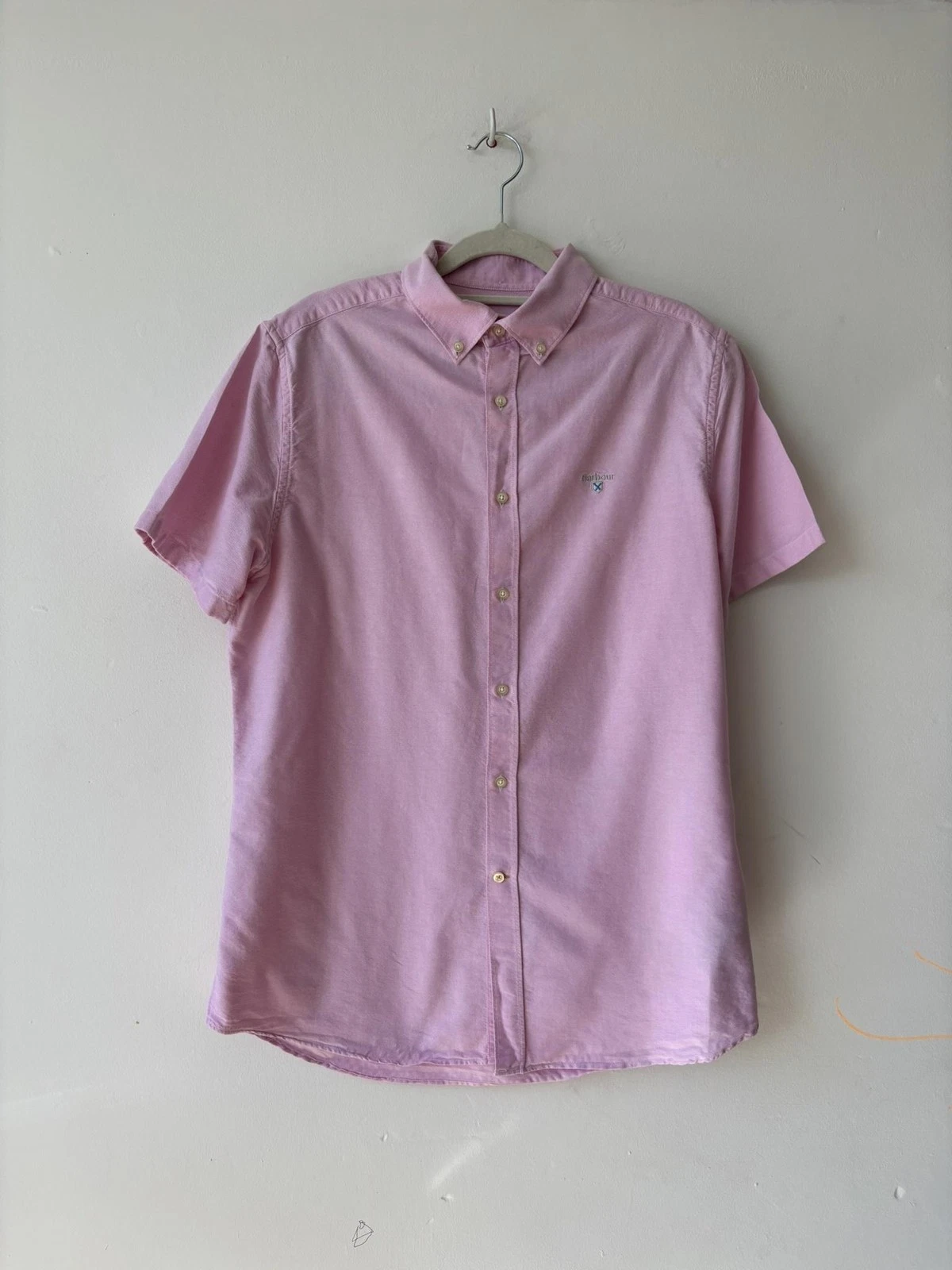 Barbour Shirt Men's Medium Pink Solid Short Sleeve Button Down Tailored Fit