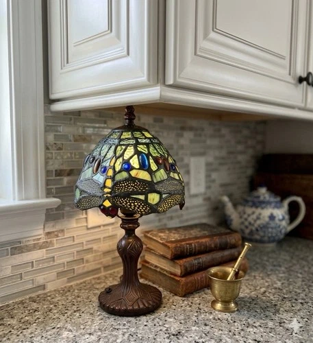 Vintage 90s Tiffany Style Dragonfly Accent Lamp Stained Glass 12" Green Jewel