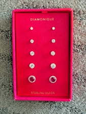 Diamonique Set of 5 Round Lab Created Diamond Studs, Sterling Silver in gift box
