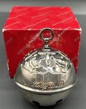 Reed & Barton 1987 Silver Holly Sleigh Bell Christmas Ornament With Box