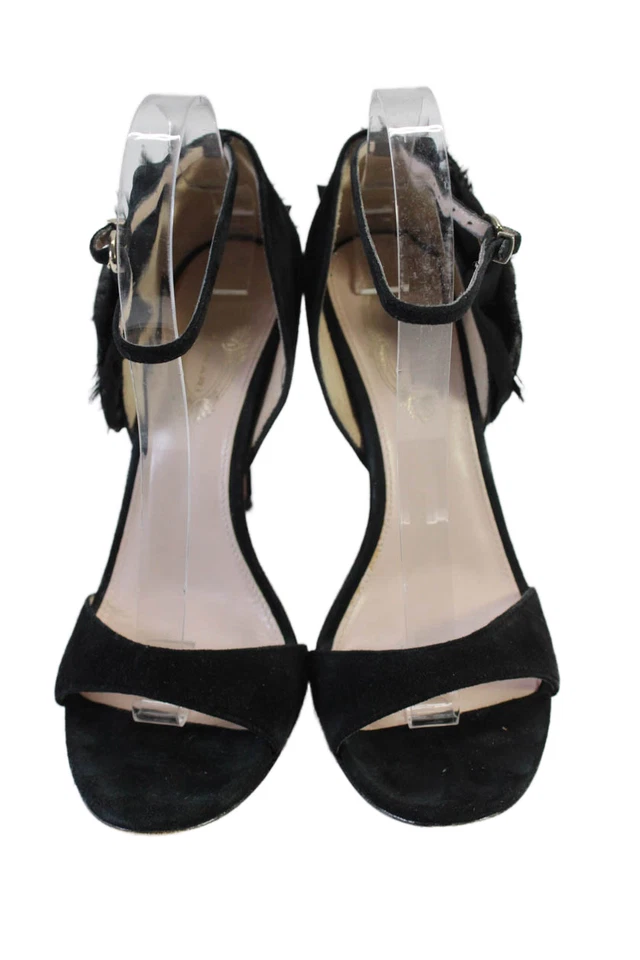 Tacones Elie Tahari para mujer de gamuza punta abierta con volantes y correa al tobillo negros talla 8,5 38,5E Foto 2 de 4