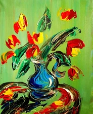 GREEN RED STILL LIFE  Modern Abstract   Original Oil Painting  IMPRESSIONIST