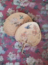 2 Vintage Hand Painted Woven Palm Fans Birds and Flowers
