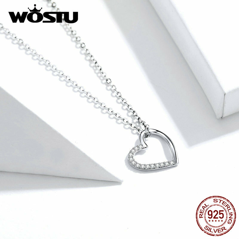 Wostu 46cm 925 Sterling Silver Heart Charm Necklace Women Gift Fashion