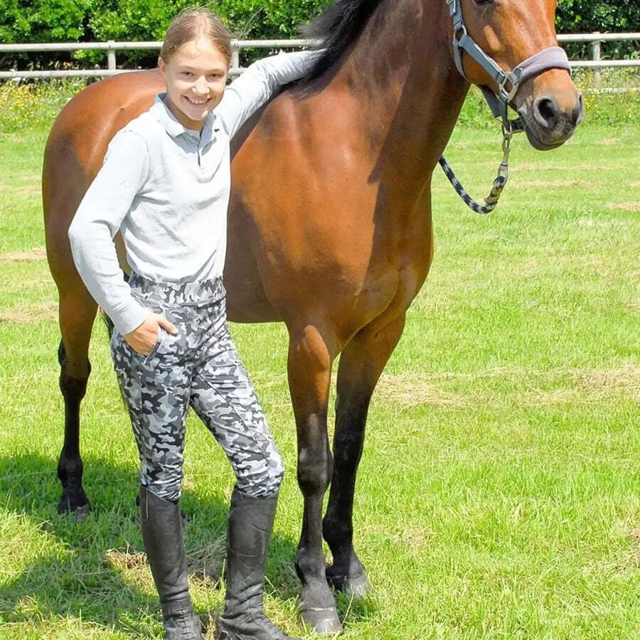 Rhinegold Children's Silicone Full Seat Horse Riding Tights - Grey Camo Size 24