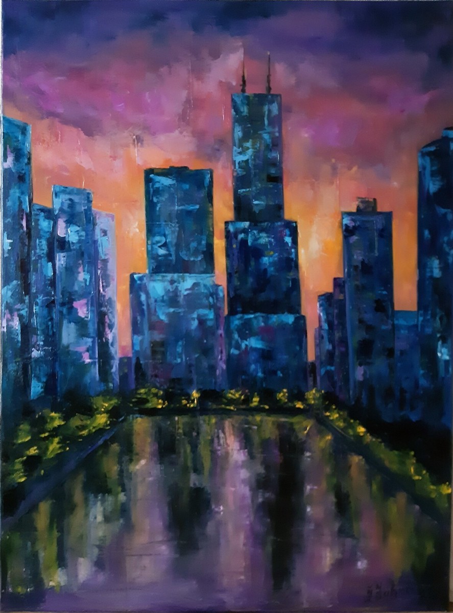Original Cityscape Oil Painting Sunset Skyscraper Painting City