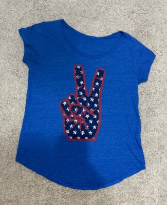 Lucky Brand Women s Peace Hand Sign Star T-shirt Stretch Scoop Neck Size M