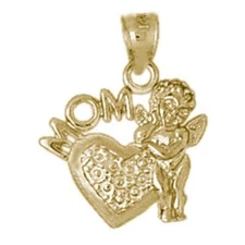 New 14k Gold Mom With Angel & Heart Pendant