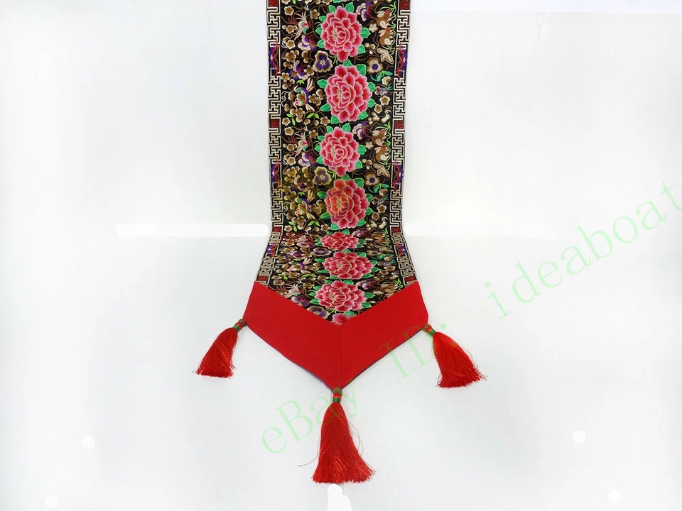 13.7x80" Chinese Hmong Auspicious Floral Blossom Embroidery pattern Table Runner - Image 3 of 4