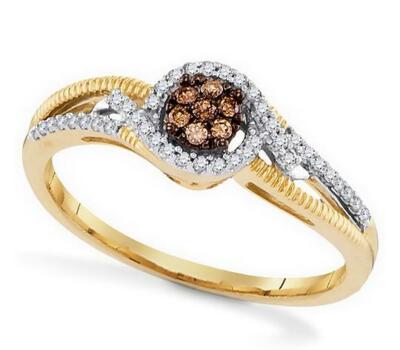 10K Yellow Gold Chocolate Brown & White Diamond Ring Diamond Cluster Band .20ct
