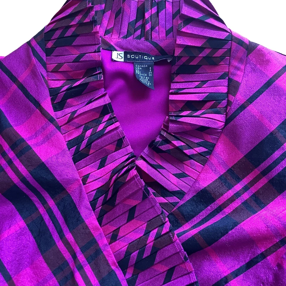 JS Boutique Women's Jacket Magenta & Black Size 6 Pleated Ruffle Lined Stunning - Image 3 of 4