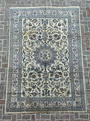 7'8''x11'6'' Ivory Blue Turkish Inspired Caucasian Floral Medallion Vintage Rug