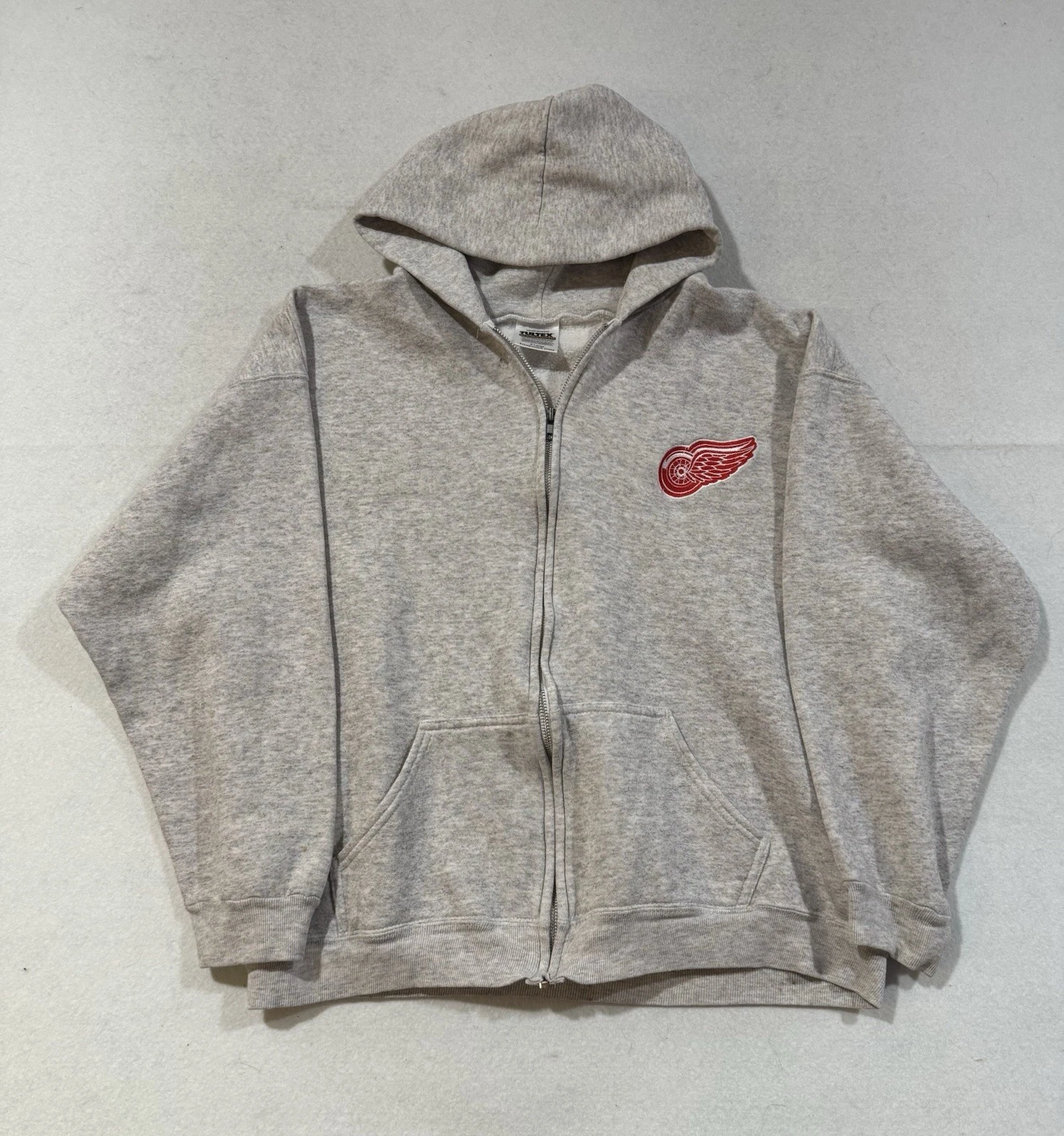 VTG 90s Tultex Hoodie Detroit Redwings Gray Full Zip Sweatshirt Made In USA XL