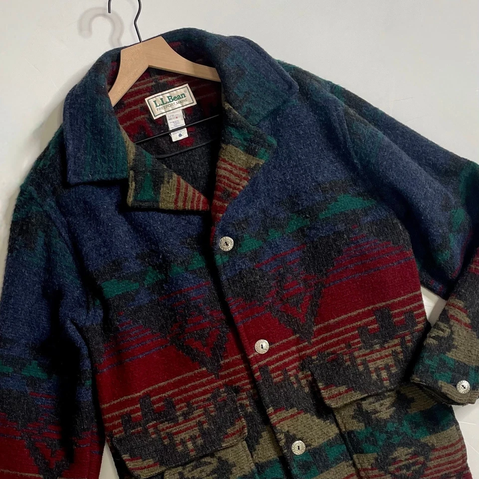 Vintage Men's L.L. BEAN Wool Coat Southwestern Print Western Aztec USA Medium - Image 3 of 4