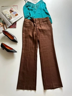Pantalon évasé Gucci en soie chanvre marron jambes larges Italie taille 42... - Photo 1/4