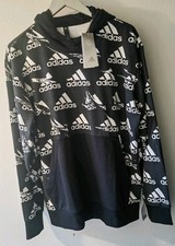 Adidas Men's L Black Noir Sweatshirt Jumper Hoodie Repeated White Logo Print New