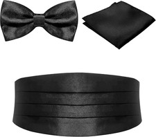 Black Men'S Adjustable Cummerbund Satin Sheen Formal Solid Pre-Tied Bow Tie Pock