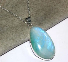 925 Silver Plated Awesome Green Flash Moonstone Necklace Gemstone 17" GW