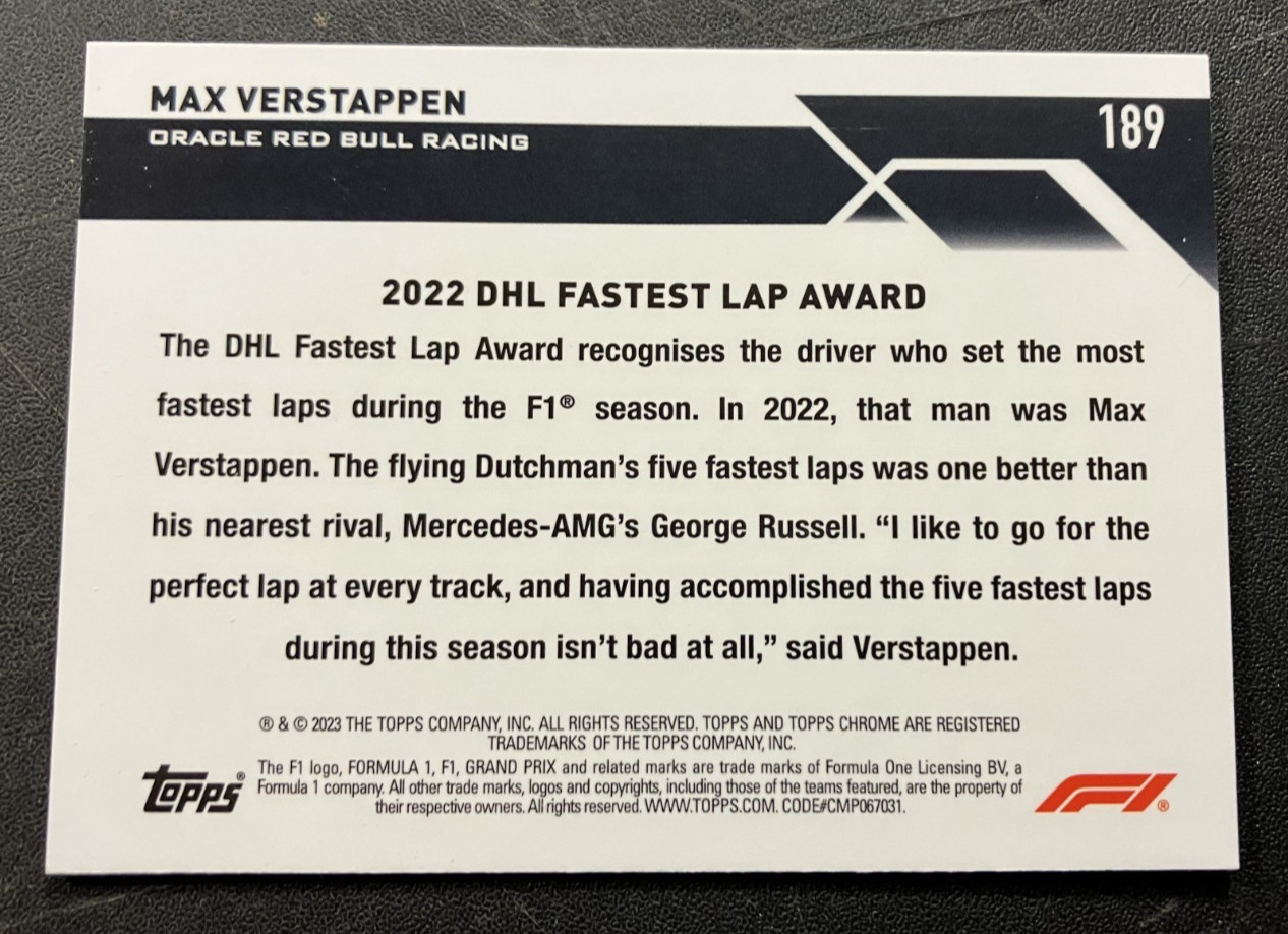 /399 Purple Refractor Max Verstappen #189 - 2023 Topps Chrome Formula 1 F1 Card view 3