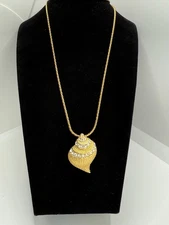 Kenneth Jay Lane KJL Gold Tone Shell Pave Rhinestone Pendant Chain long Necklace
