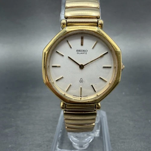 Seiko Watch Women 24mm White Dial Gold Tone Octagon 16-0150 New Battery Vintage