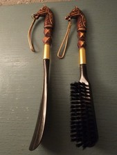 Vintage MidCentury HorseHead Handle ShoeHorn  ShoeBrush Set, HorseHair...