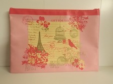 Large flat pencil case - pink with Paris / bird / floral design - NEW