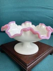 Vintage Fenton Apple Blossom Crest Pink Rim Pedestal Ruffled Bowl * XLNT!